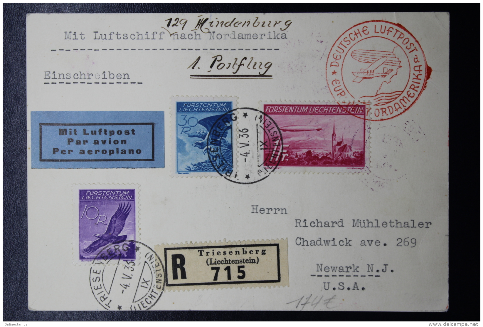 Liechtenstein: Graf Zeppelin Sieger 129 Mi 143 + 146 + 149  1936 Einschreiben Karte Triesenberg -&gt; Newark USA - Briefe U. Dokumente