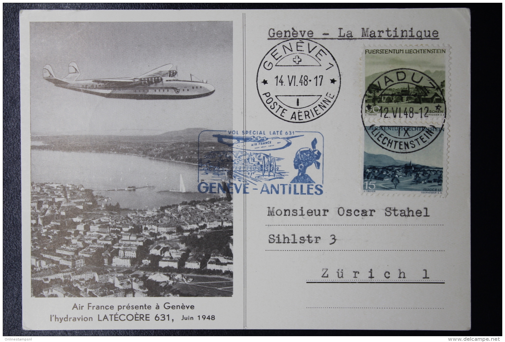 Liechtenstein Hydravion  Vaduz - Zürich - Martinque  1948 - Covers & Documents