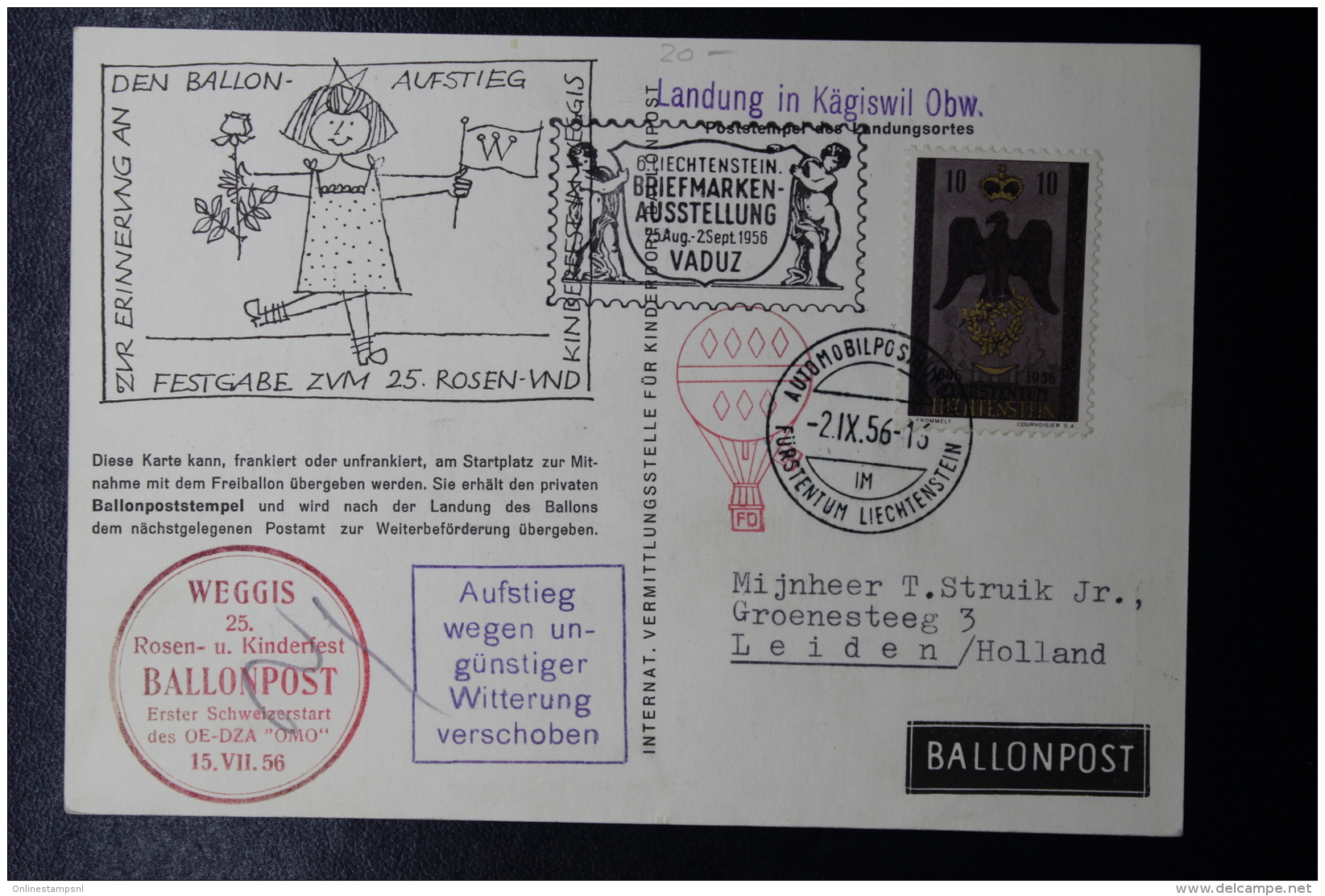 Liechtenstein Ballonpost  Weggis / Vaduz Leiden Holland  1956 - Brieven En Documenten