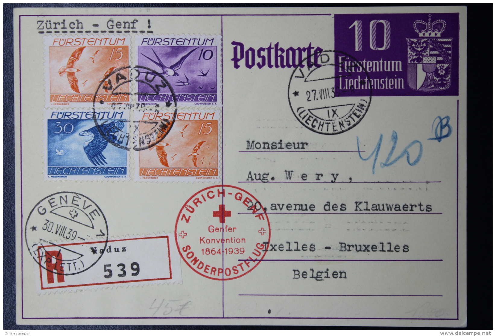 Liechtenstein Einschreiben Postkarte Sonderpostflug Vaduz - Zürich - Genf  1939  Mi 173 + 174 + 176 - Briefe U. Dokumente