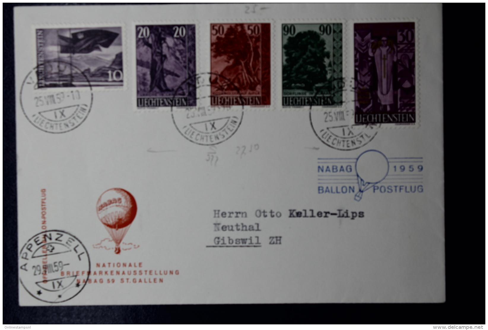 Liechtenstein Ballonpost Vaduz - Appenzell - Gibswil 1959 - Briefe U. Dokumente