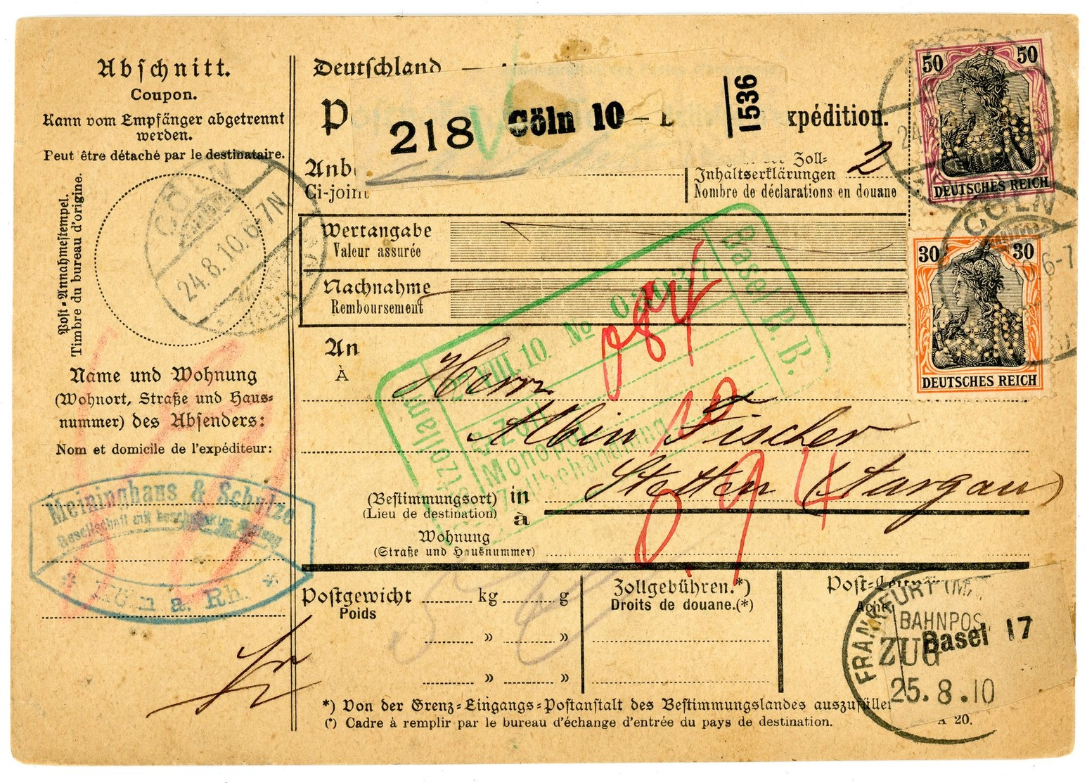 Nr. 91 I + 89 I Paketkarte 1910 In Die Schweiz - Firmenlochung Bahnpost - Briefe U. Dokumente