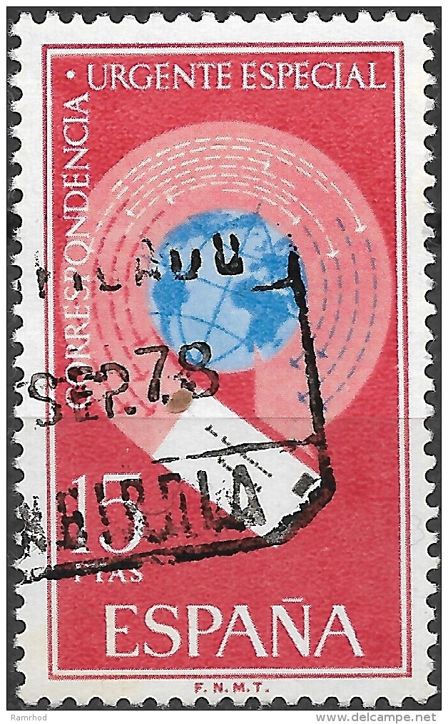 SPAIN 1971 Urgent - Blue, Black &amp; Red - 15p. Letter Encircling Globe FU - Espresso