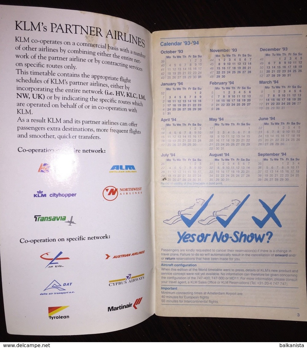 KLM Timetable October 31, 1993 - March 26, 1994 - Welt