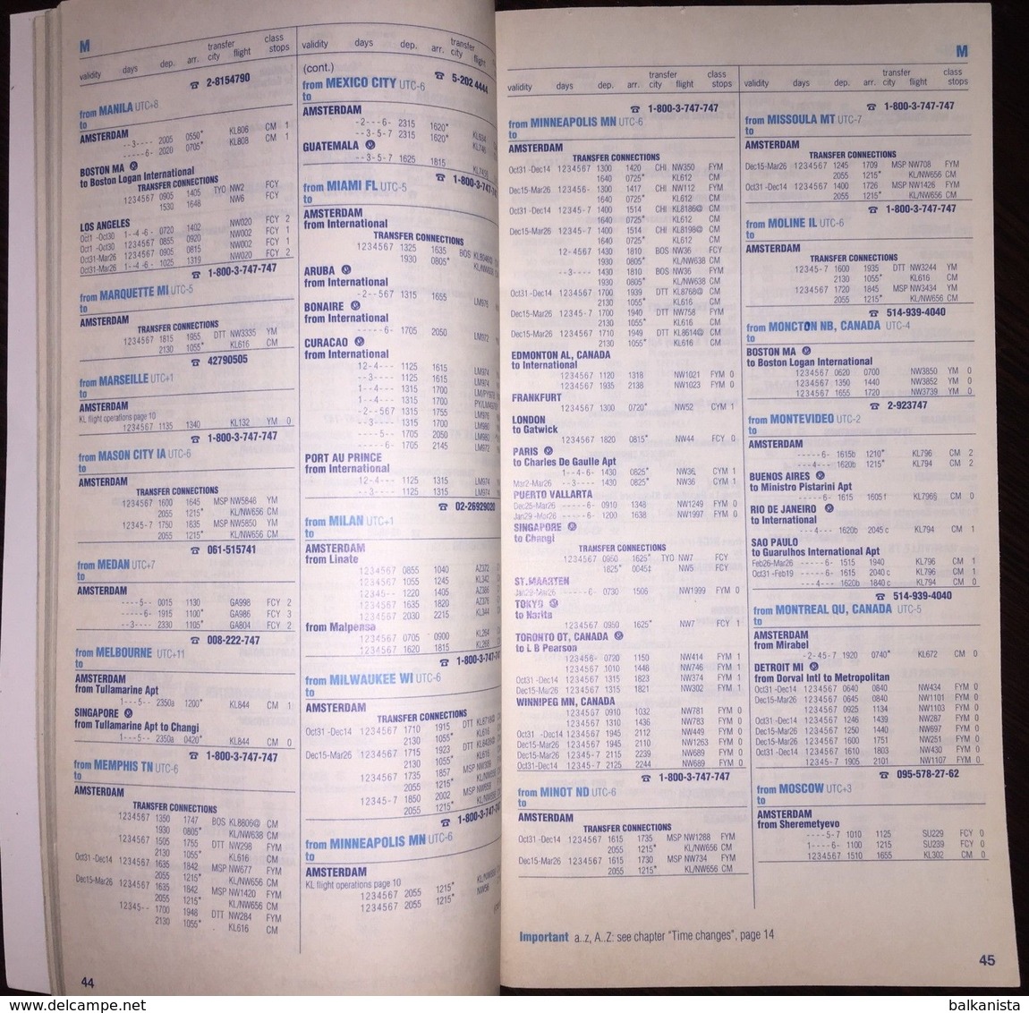 KLM Timetable October 31, 1993 - March 26, 1994 - World