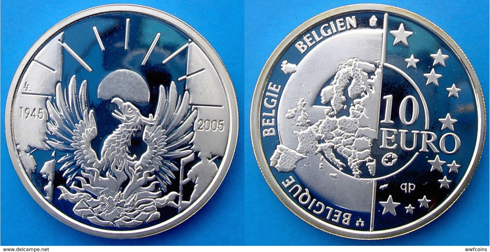 BELGIUM 10 E 2005 ARGENTO PROOF SILVER EURO 1945 FREEDOM AND PEACE BELGIE PESO 18,75g. TITOLO 0,925 CONSERVAZIONE FONDO - Belgio