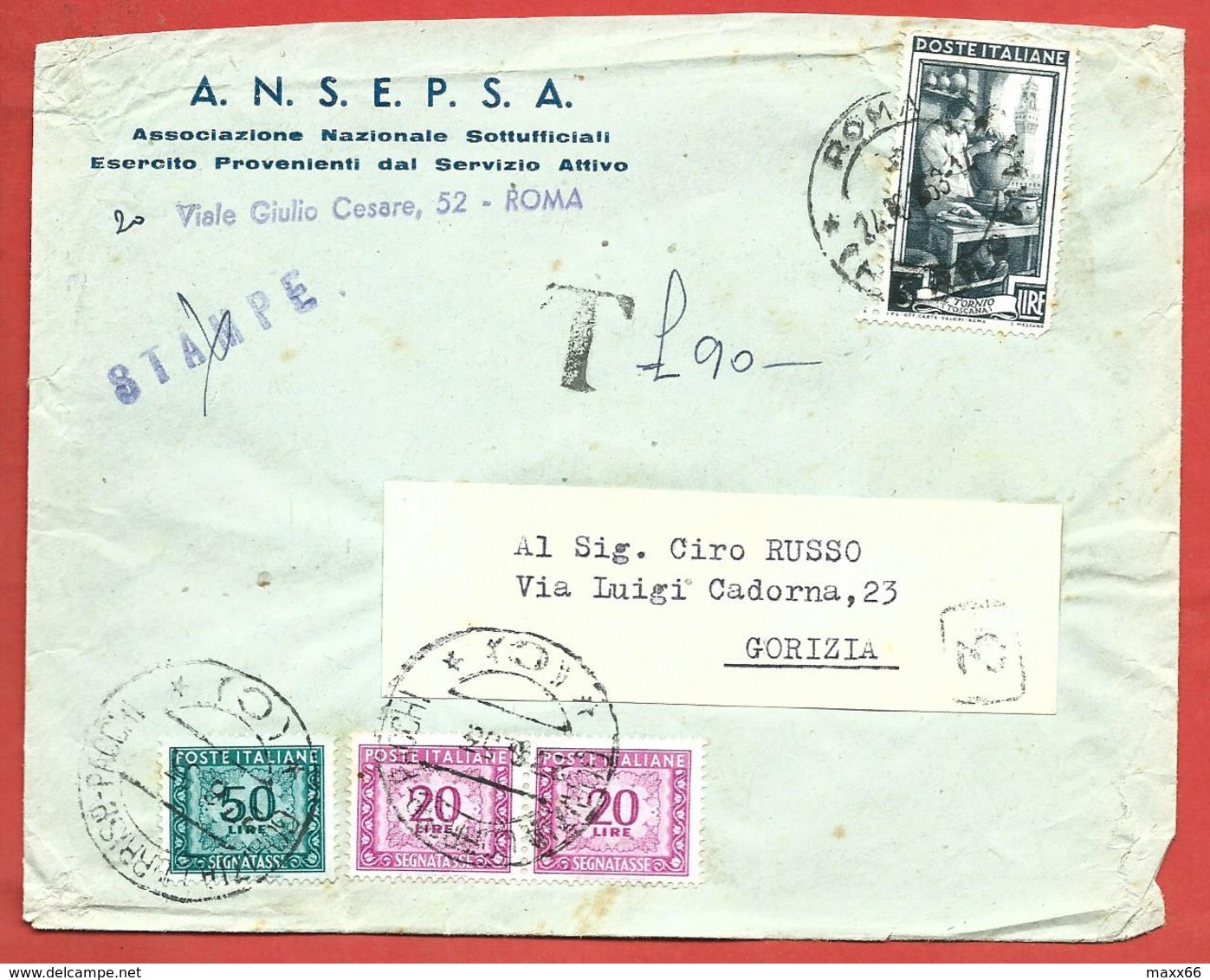 LETTERA VG ITALIA - ORDINARIA - ANSEPSA - 12 X 16 - ANN. 1953 ROMA - GORIZIA - TASSATA £ 90 - 1946-60: Storia Postale