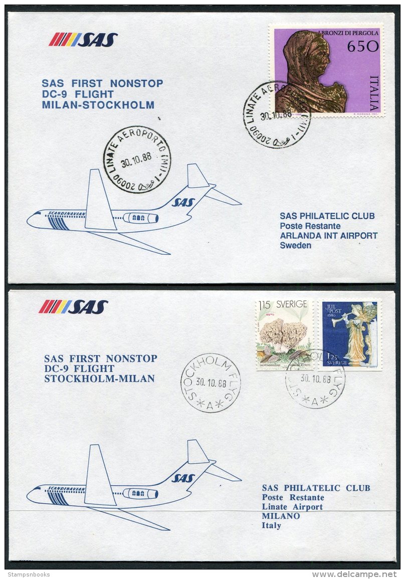 1988 Sweden Italy SAS First Flight Covers (2) Milan / Stockholm - Airmail