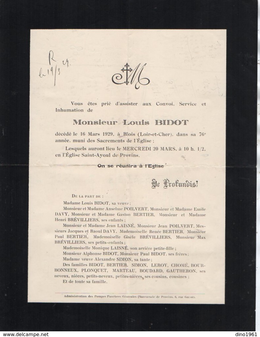 VP12.920 - 1929 - Faire - Part De Décès De Mr Louis BIDOT Décédè à BLOIS Inhumation à PROVINS - Décès