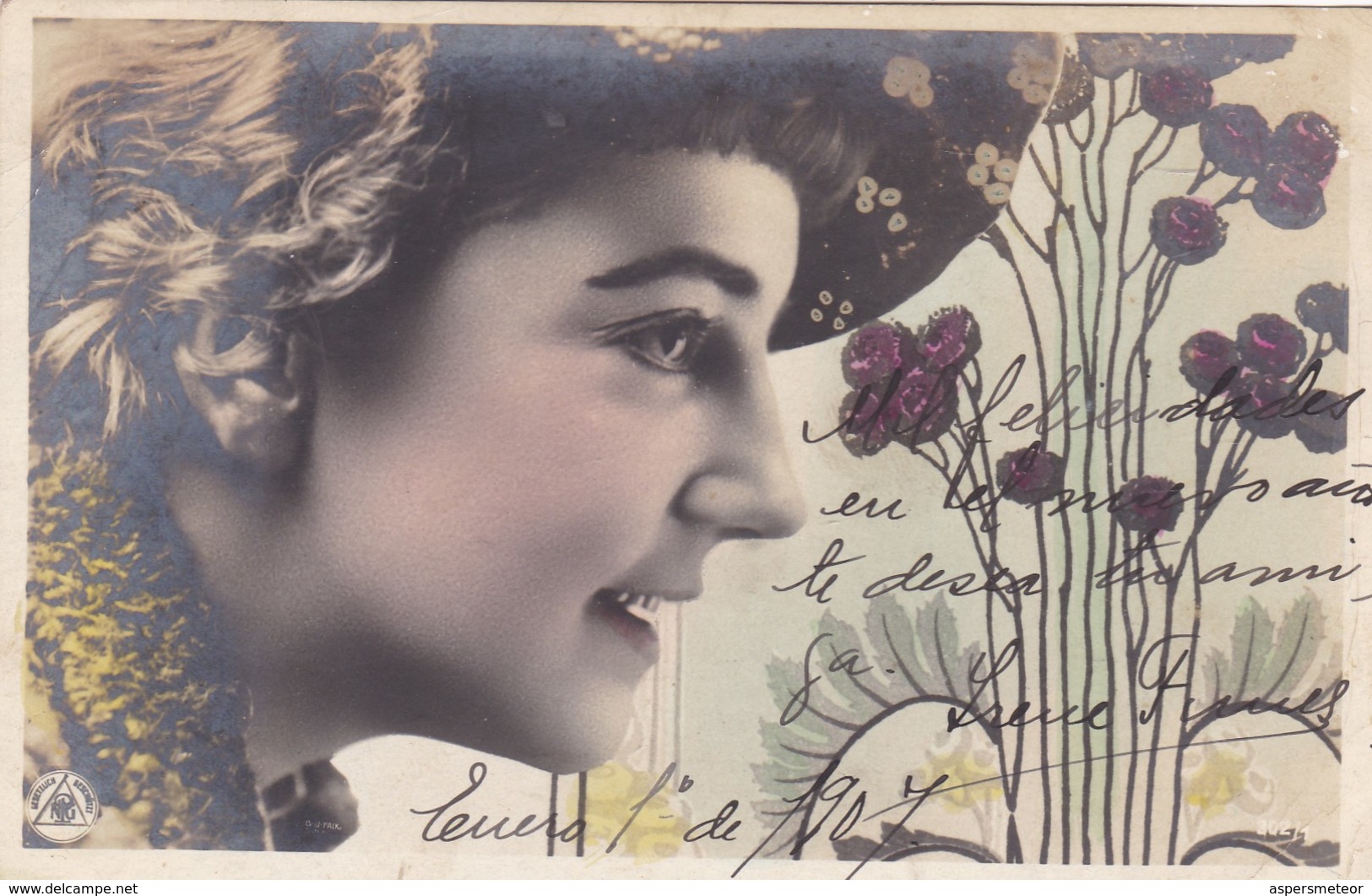 FEMME VISAGE DE PROFIL AVEC FLEURES COLORISE. RARE CORRESPONDANCE ARISTOCRATIE ARGENTINE CIRCA 1907 CIRCULEE - BLEUP - Vrouwen