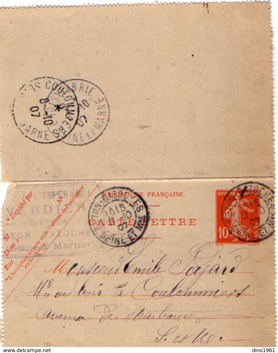 TB 2344 - Entier Postal - VERDIER Coiffeur - MP BATON BAZOCHES 1907 Pour COULOMMIERS - Cartes-lettres