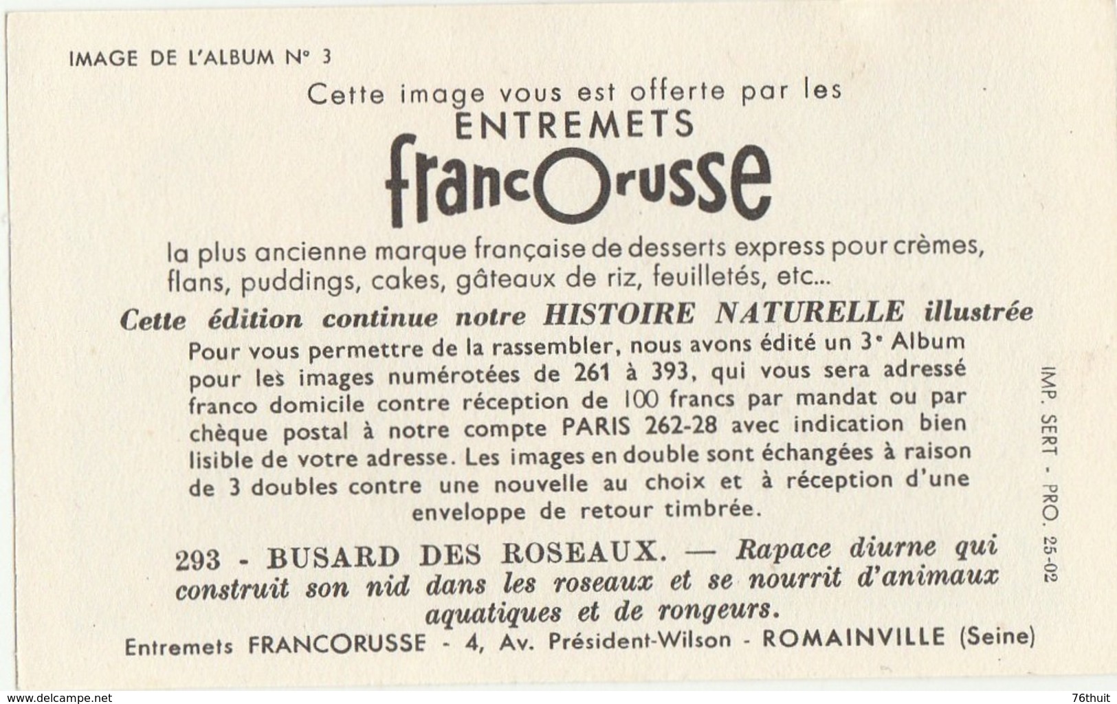 Entremets FRANCORUSSE - Album N° 3 - Image N° 293  - BUSARD DES ROSEAUX - Autres & Non Classés