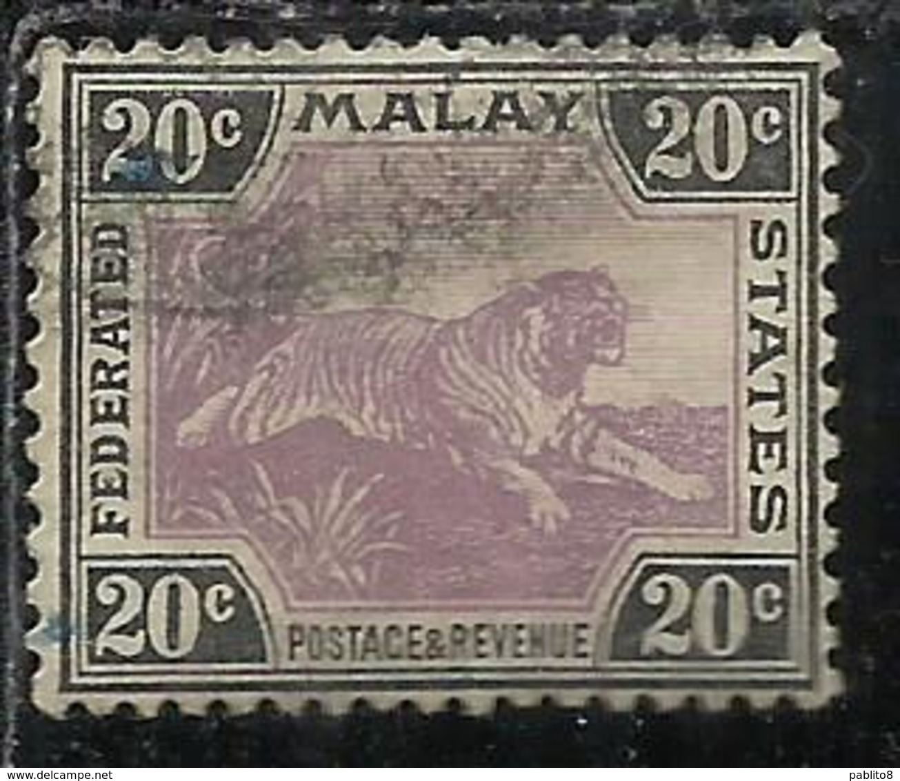 MALAYA MALAISIE MALESIA FEDERATED STATES 1901 1910 WILD FAUNA TIGER TIGRE CENT. 20c USATO USED OBLITERE' - Fédération De Malaya