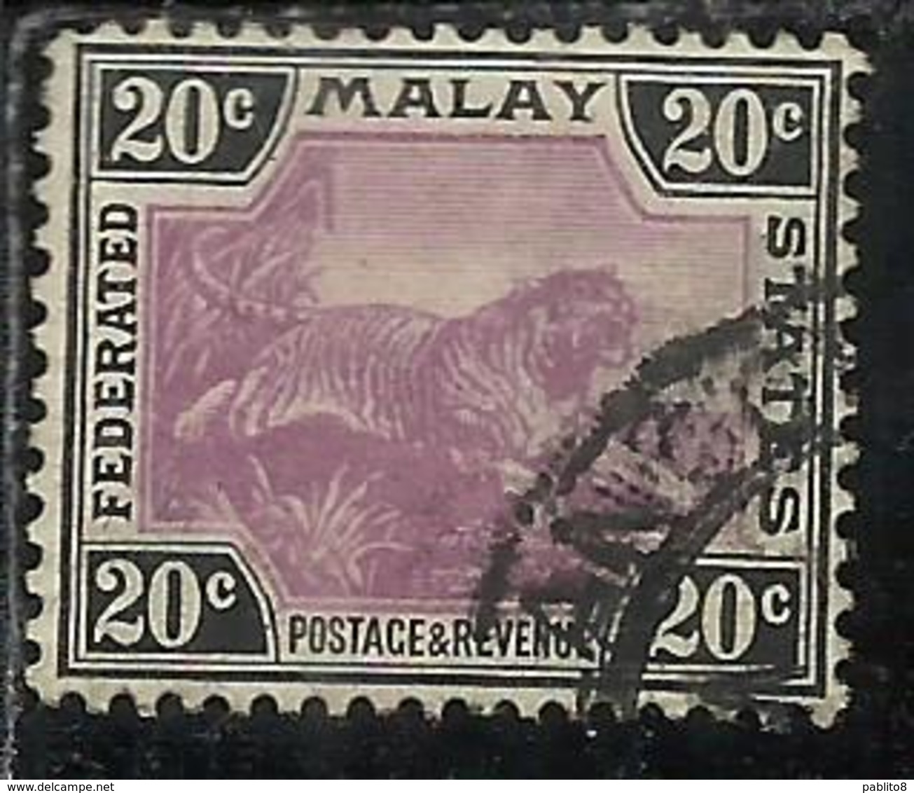 MALAYA MALAISIE MALESIA FEDERATED STATES 1901 WILD FAUNA TIGER TIGRE CENT. 20c USATO USED OBLITERE' - Federation Of Malaya