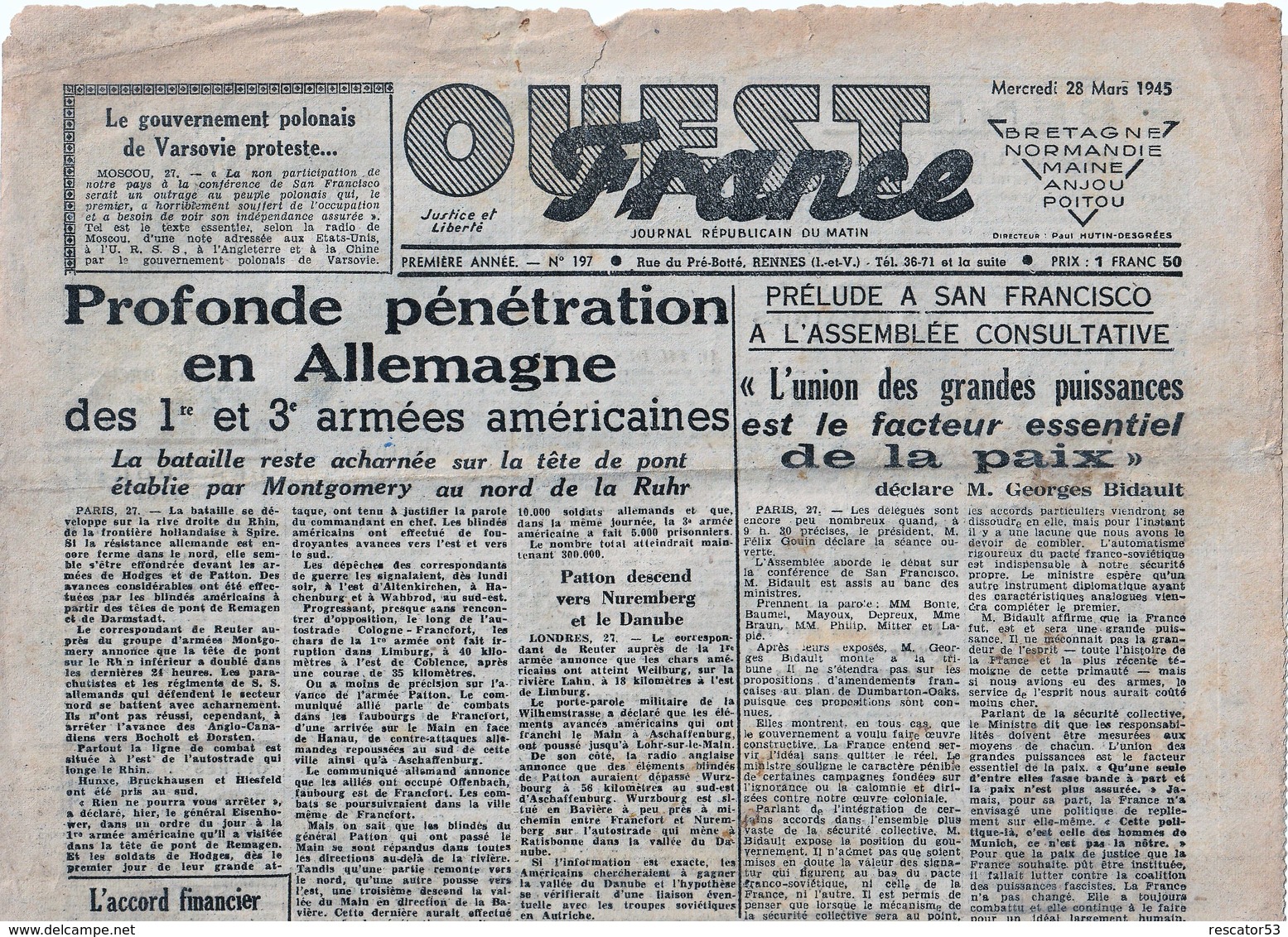 Rare Jpurnal Ouest France Du 28 Mars 1945 - 1939-45