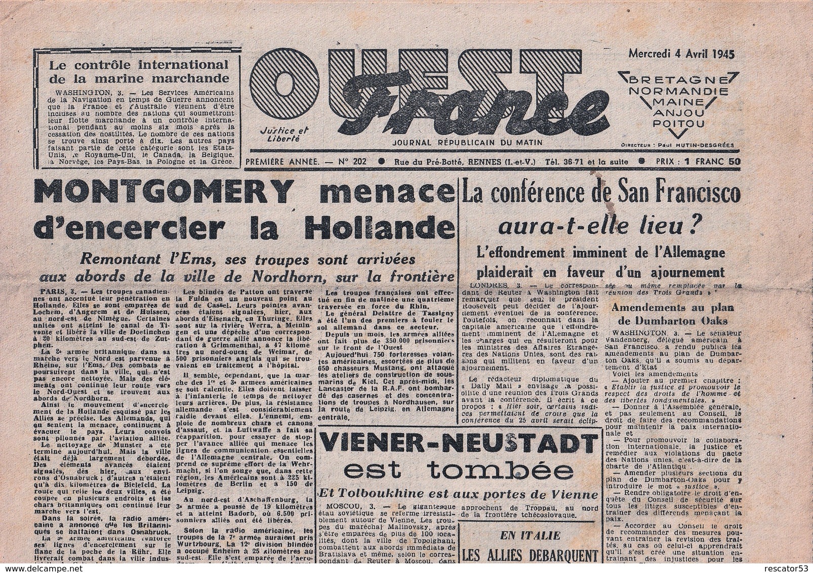 Rare Jpurnal Ouest France Du 6 Avril 1945 - 1939-45