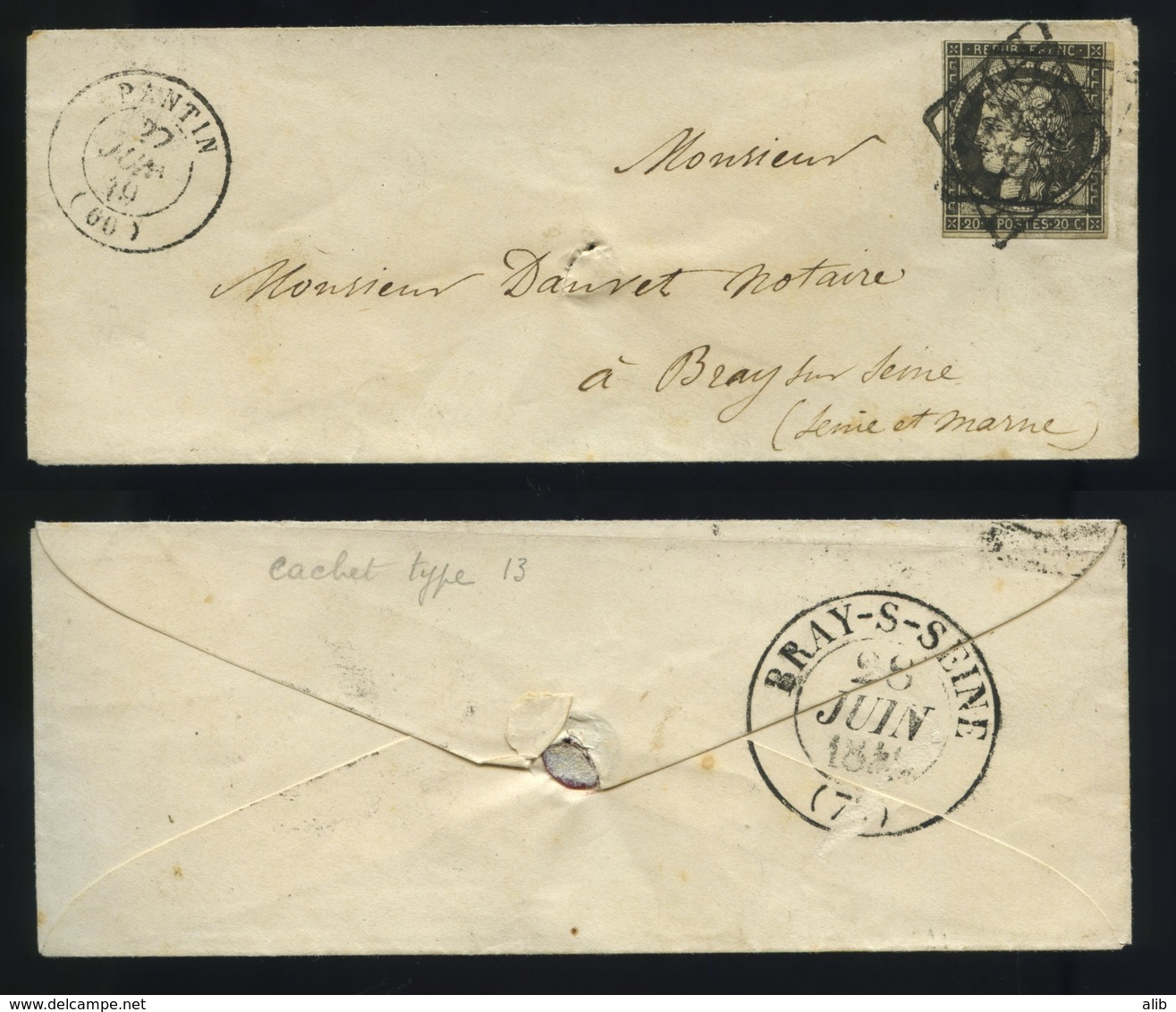 Envelop France 1849-50 Emission Cérès Non Dentelé 20c Noir S.blanc No3a-Envoyé De Pantin à Bray Sur Seine En 27-06-1849 - 1849-1850 Ceres