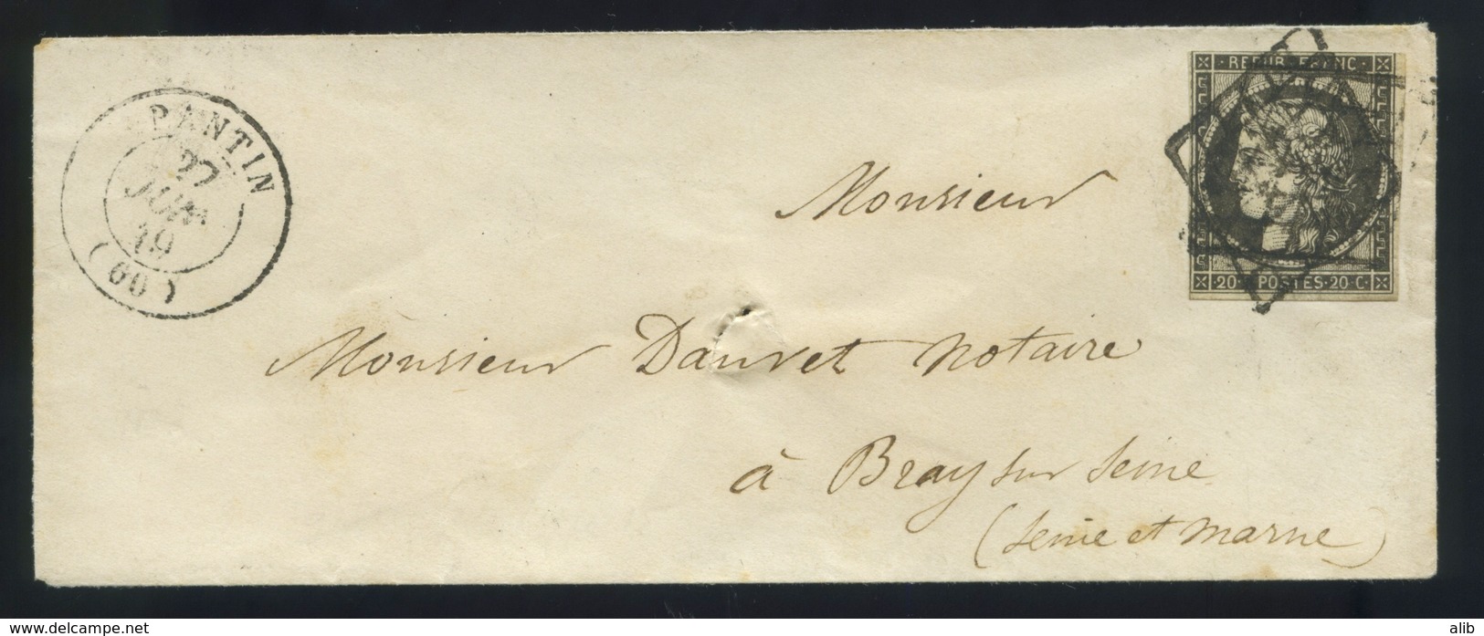 Envelop France 1849-50 Emission Cérès Non Dentelé 20c Noir S.blanc No3a-Envoyé De Pantin à Bray Sur Seine En 27-06-1849 - 1849-1850 Ceres