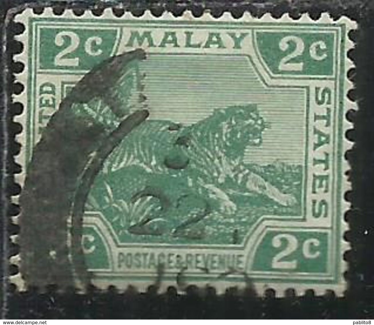 MALAYA MALAISIE MALESIA FEDERATED STATES 1906 1922 WILD FAUNA TIGER TIGRE CENT. 2c USATO USED OBLITERE' - Fédération De Malaya