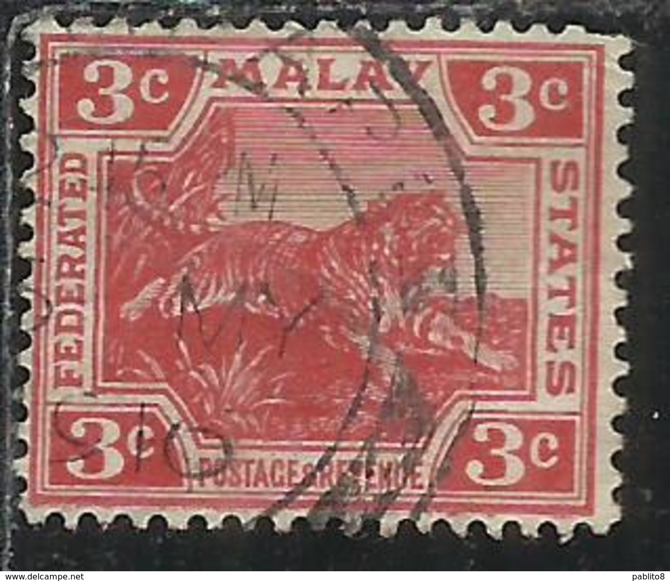 MALAYA MALAISIE MALESIA FEDERATED STATES 1906 1922 WILD FAUNA TIGER TIGRE CENT. 3c USATO USED OBLITERE' - Fédération De Malaya