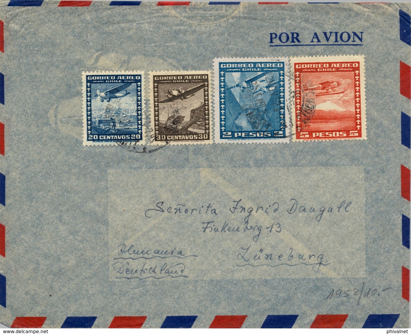 1952 CHILE , SOBRE CIRCULADO POR AVION  , PUERTO MONTT - LÜNEBURG - Chile