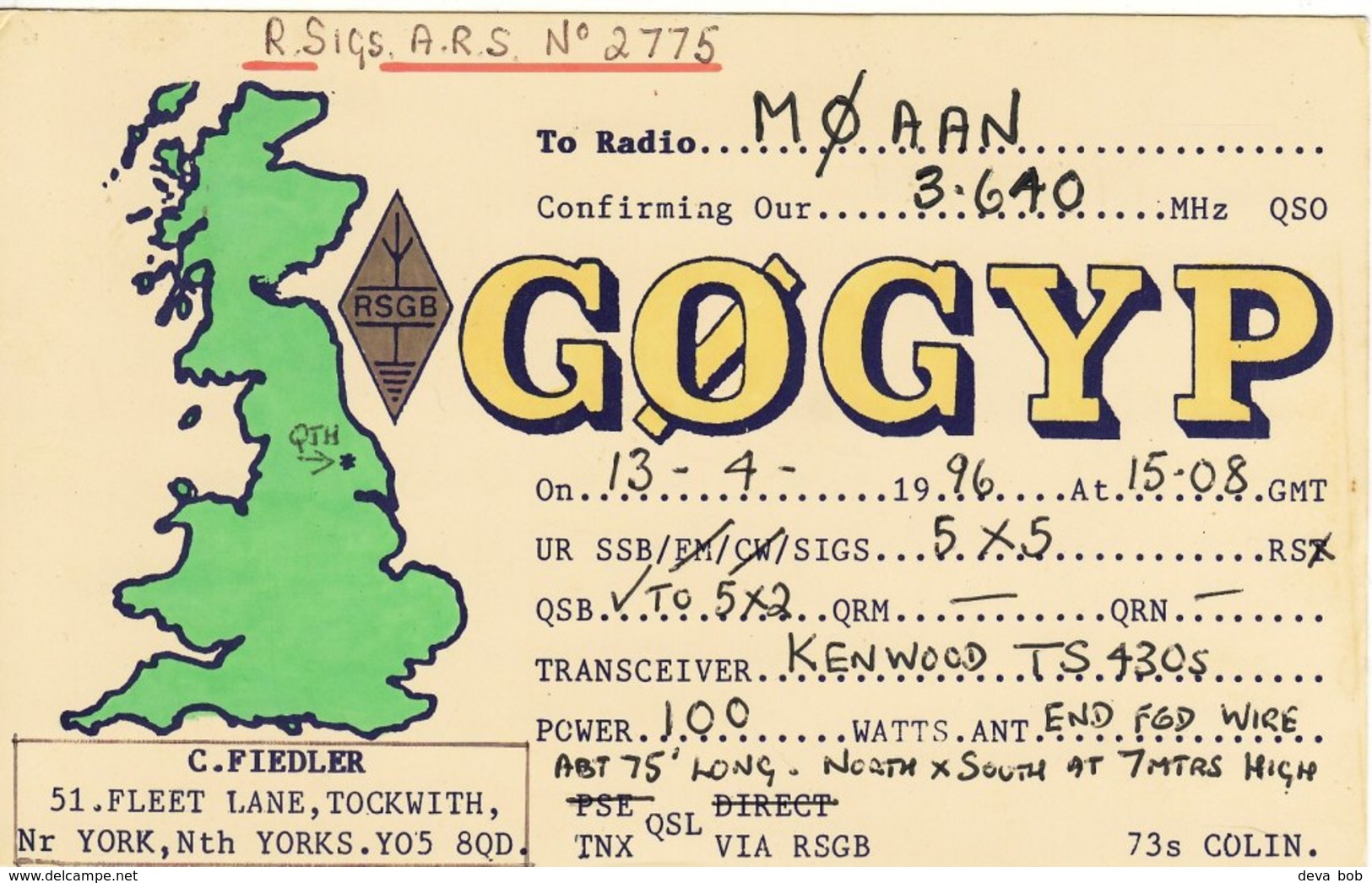 Amateur Radio QSL Card G0GYP Fielder Tockwith York GØGYP - Radio-amateur