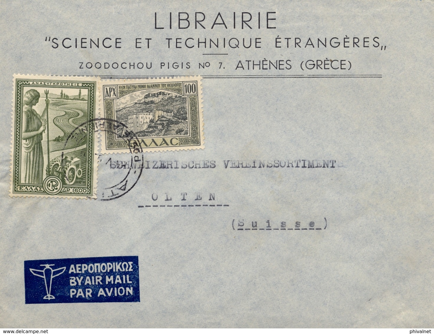 GRECIA , CORREO AÉREO , SOBRE COMERCIAL CIRCULADO ENTRE ATENAS Y OLTEN. - Briefe U. Dokumente