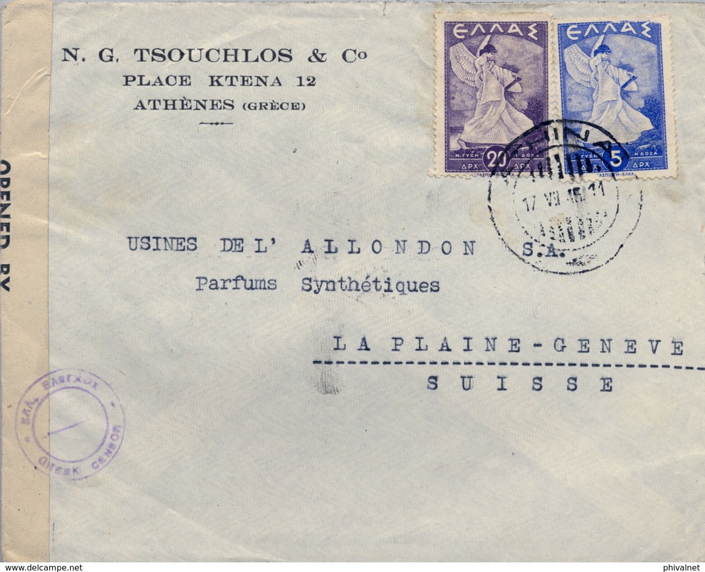 1945 GRECIA , SOBRE COMERCIAL CIRCULADO , ATENAS - LA PLAINE , CENSURA GRIEGA Y ALIADA - Covers & Documents