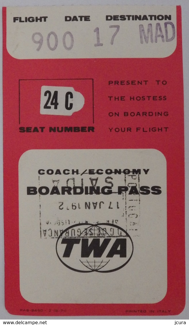 TWA Boarding Pass 1972 - Portugal Dest. Madrid (2 Images) - Carte D'embarquement - Tarjeta Embarque - Carte D'imbarco