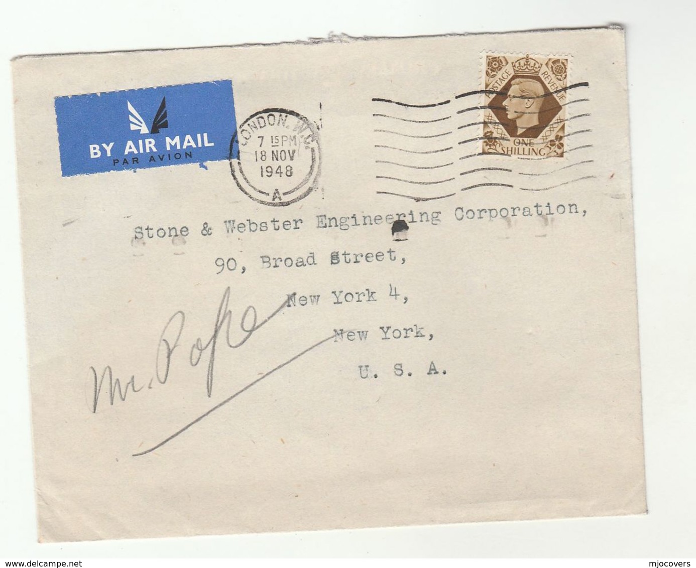 1948 Air Mail GB COVER 1/-  Stamps To USA , Airmail Label - Covers & Documents