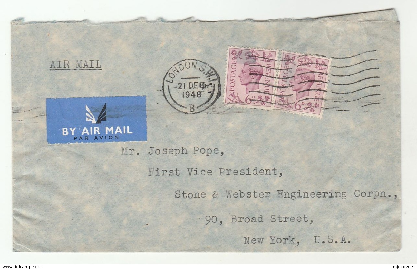 1948 Air Mail GB COVER  2x 6d Stamps To USA , Airmail Label - Covers & Documents