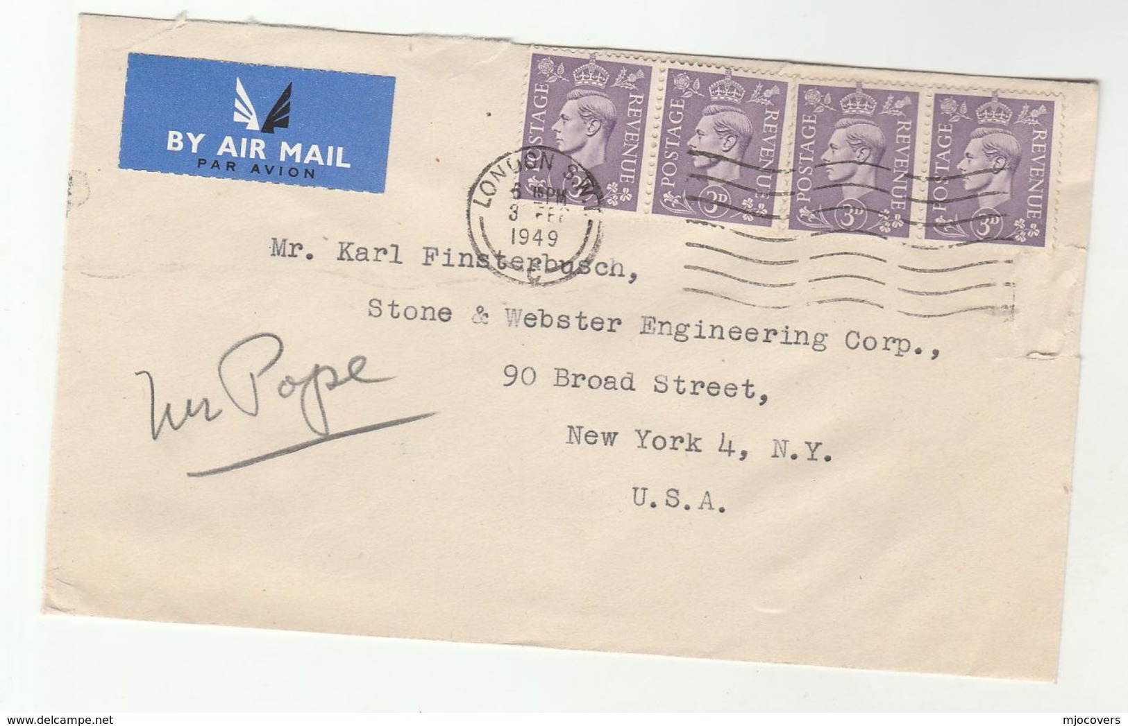 1949 Air Mail GB COVER  4x 3d Stamps To USA , Airmail Label - Covers & Documents