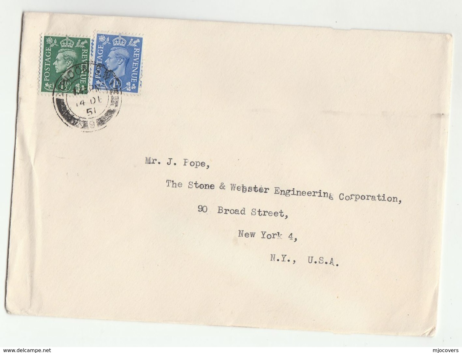 1951 GB COVER  1d 1 1/2d Stamps To USA  London SW1 9 Cds Pmk - Covers & Documents