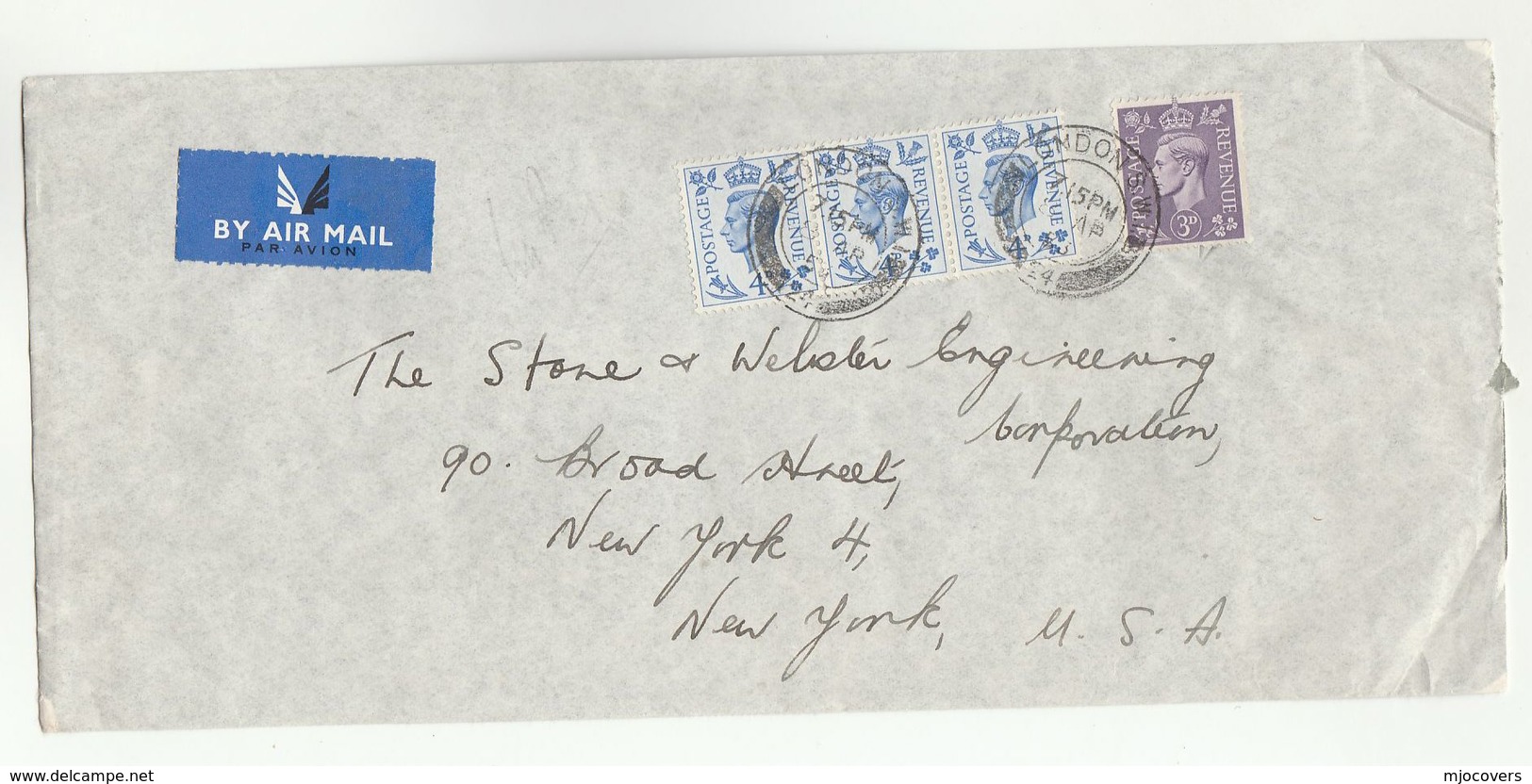 1953 Air Mail GB COVER  3x 4d 1x 3d Stamps To USA  London SW1 24 Cds Pmk Airmail Label - Covers & Documents