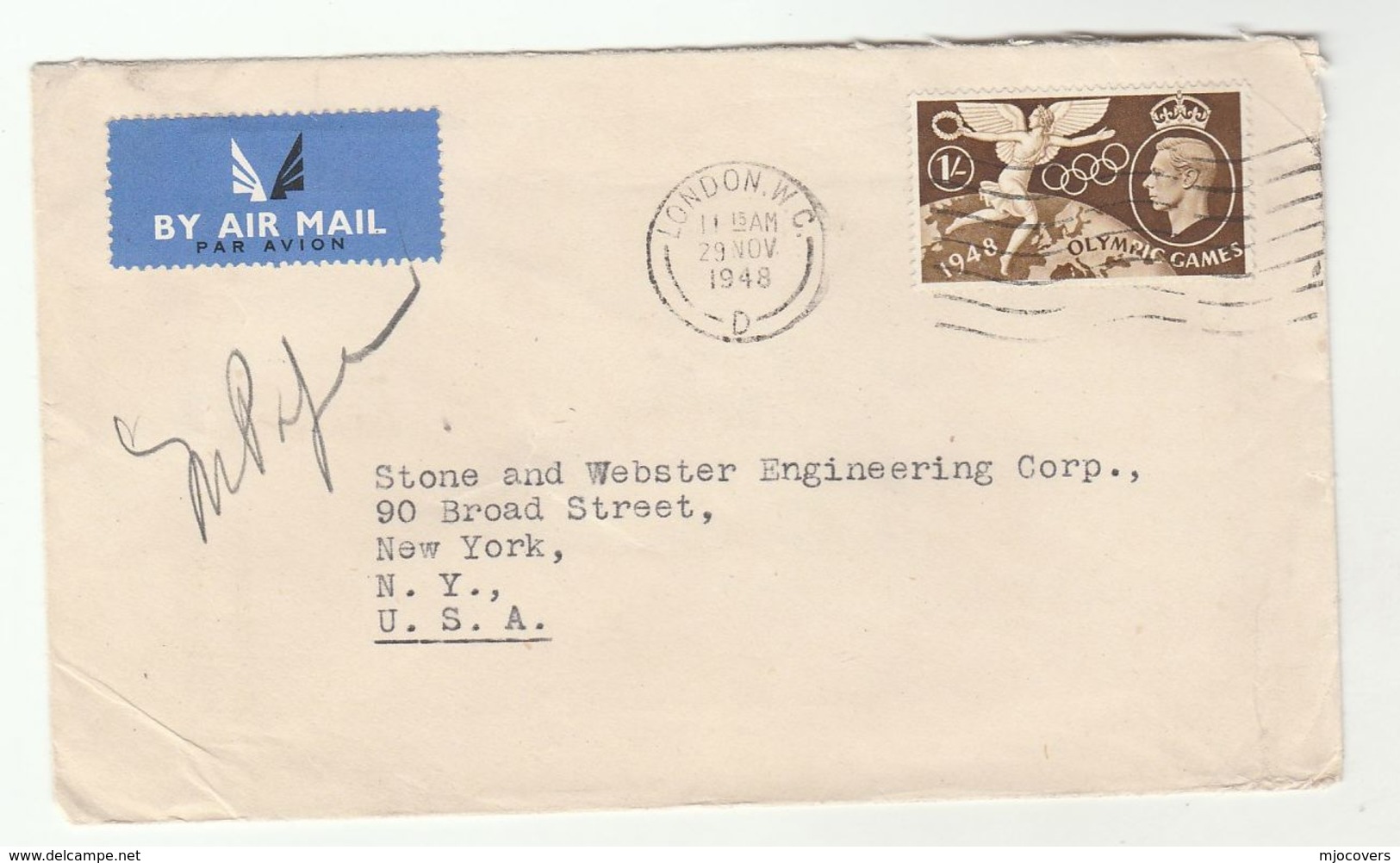 1948 Air Mail GB COVER  1/- OLYMPICS  Stamps To USA , Airmail Label , Olympic Games Sport - Covers & Documents