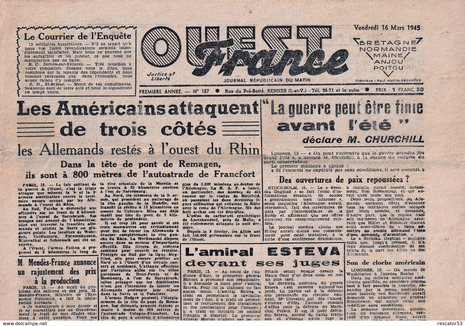 Rare Journal Ouest-france Du 16 Mars 1945 - 1939-45