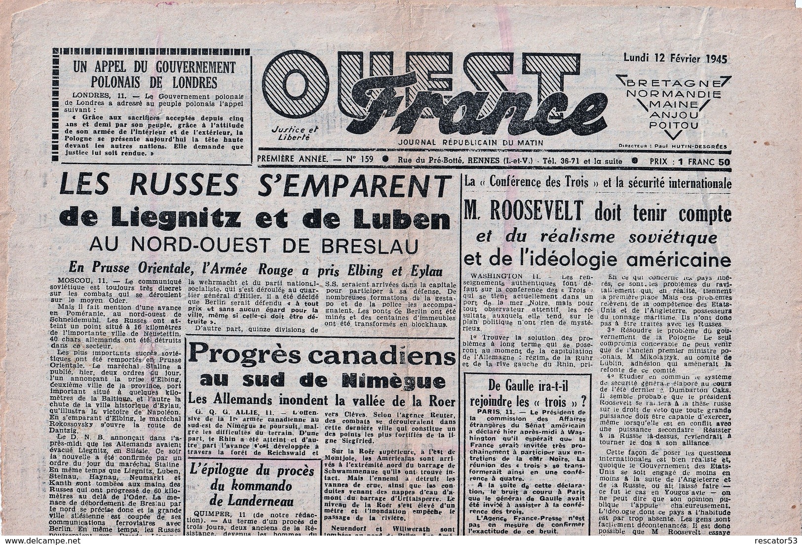 Rare Journal Ouest-france Du 12 Fév(rier 1945 - 1939-45