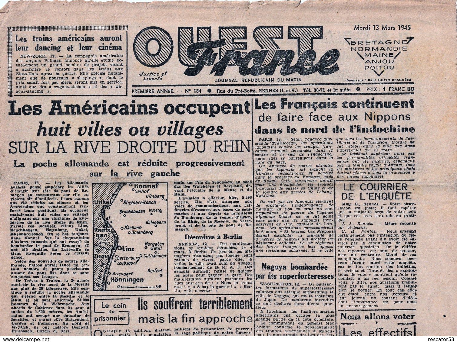 Rare Journal Ouest-france Du 13 Mars 1945 - 1939-45