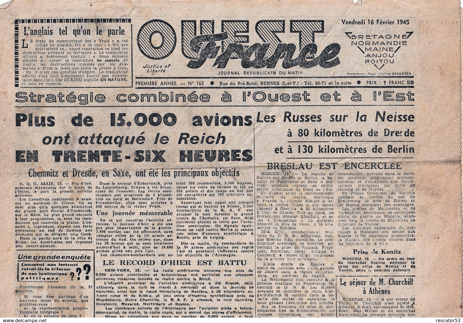 Rare Journal Ouest-france Du 16 Février 1945 - 1939-45