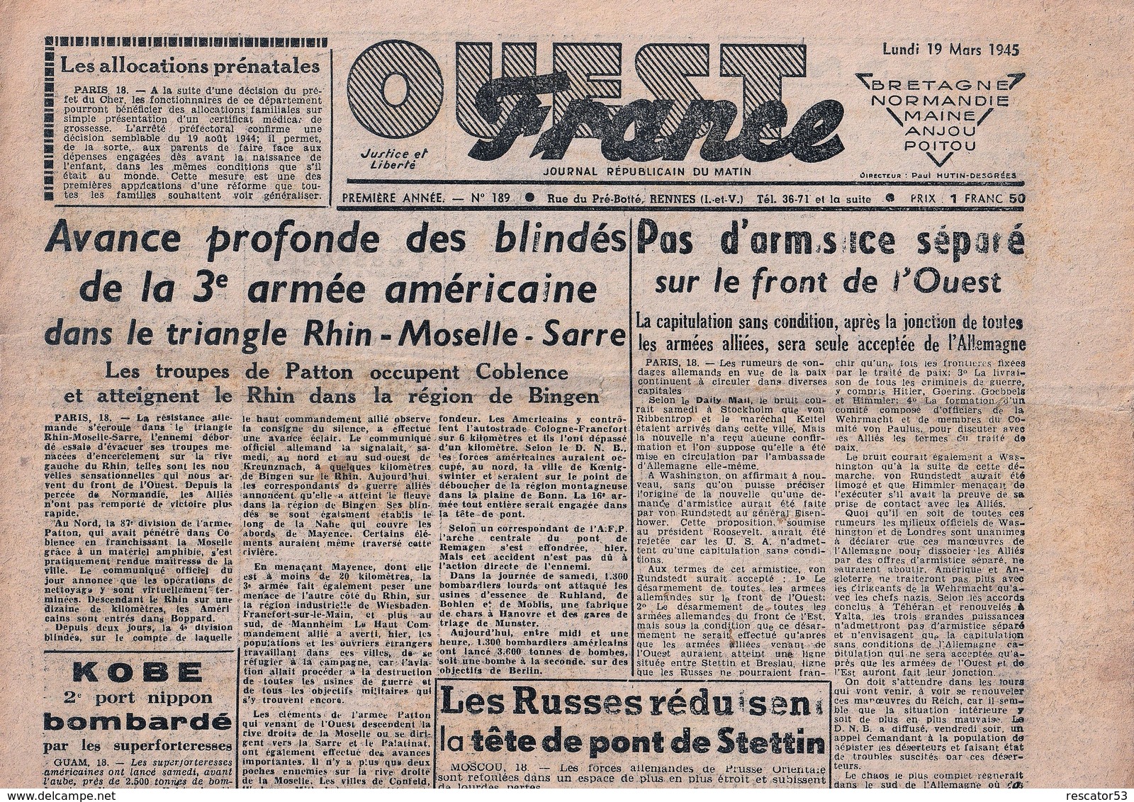 Rare Journal Ouest-france Du 19 Mars1945 - 1939-45