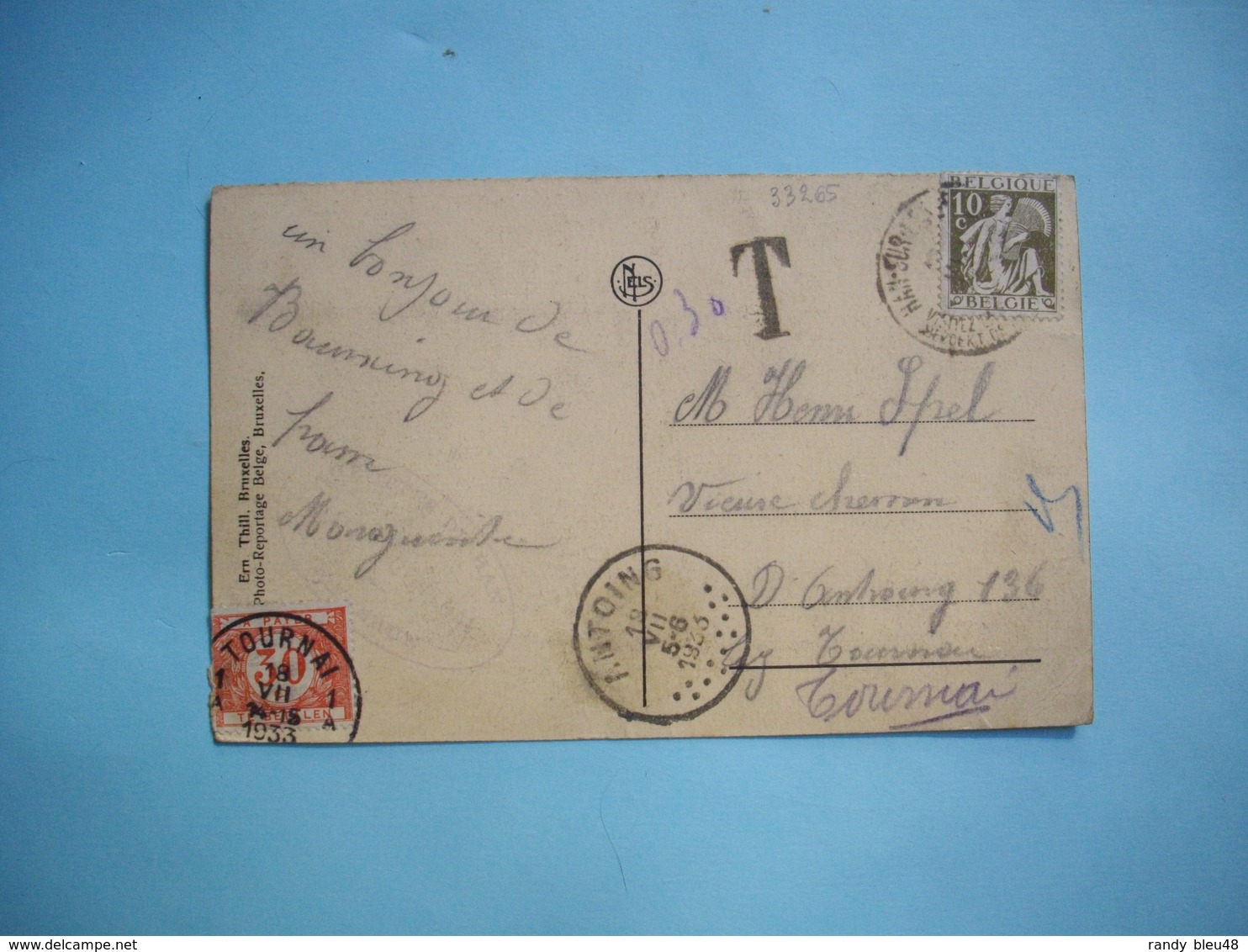 MARCOPHILIE  - CPA Taxée -  Oblitération ANTOING à  Points  -  1933  -  Circulée De Antoing à Tournai  -  BEAURAING - Postmarks - Points