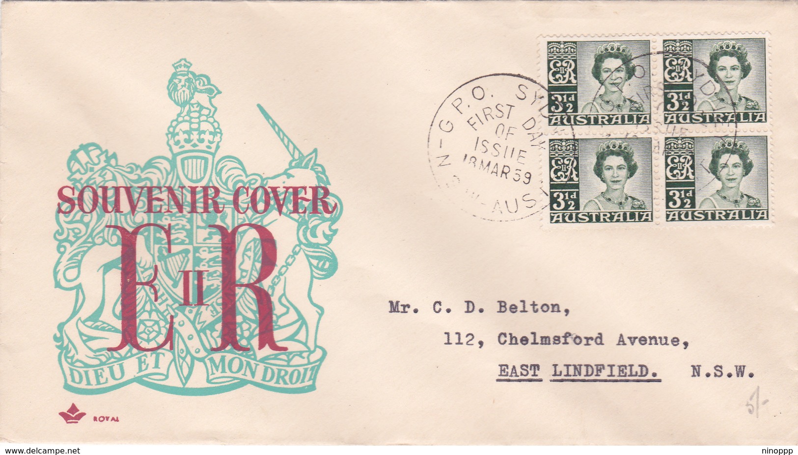 Australia 1959 Queen Elizabeth II,3.5d Green Block 4.Royal FDC Type 1 - FDC