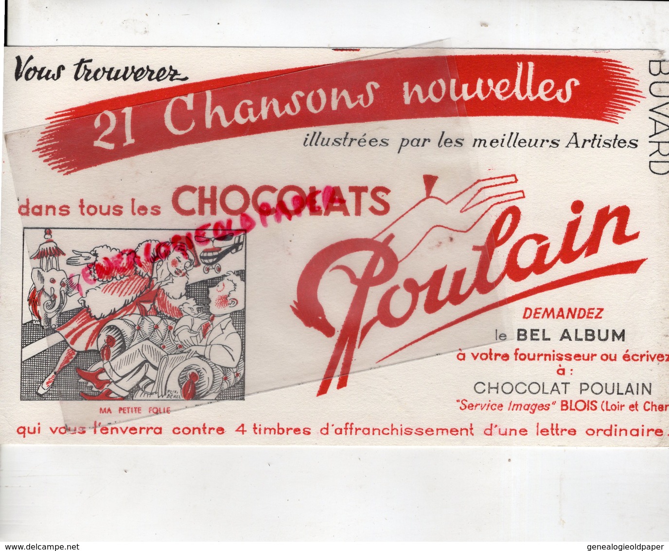 BUVARD ELEPHANT - CHOCOLAT POULAIN- CHANSON MA PETITE FOLIE -BLOIS - Animals