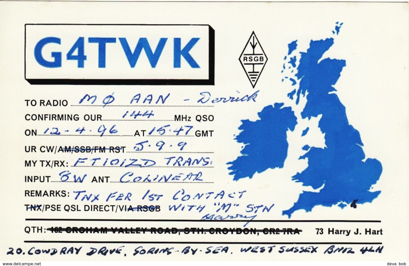 Amateur Radio QSL Card G4TWK Harry Hart Goring By Sea 1996 - Amateurfunk