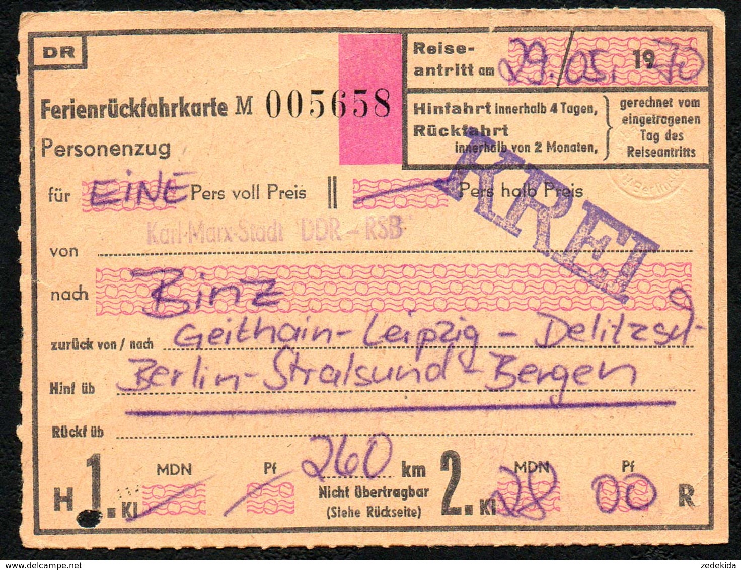 B6072 - Fahrschein Ticket - DR Deutsche Reichsbahn - Binz Geithain Leipzig Delitzsch Berlin Stralsund Bergen - Europe