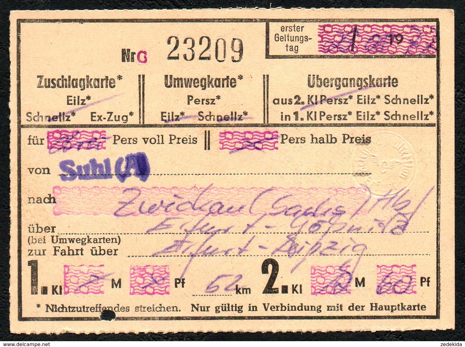 A3111 - Fahrschein Ticket - DR Deutsche Reichsbahn - Suhl Zwickau Erfurt Leipzig - Europe