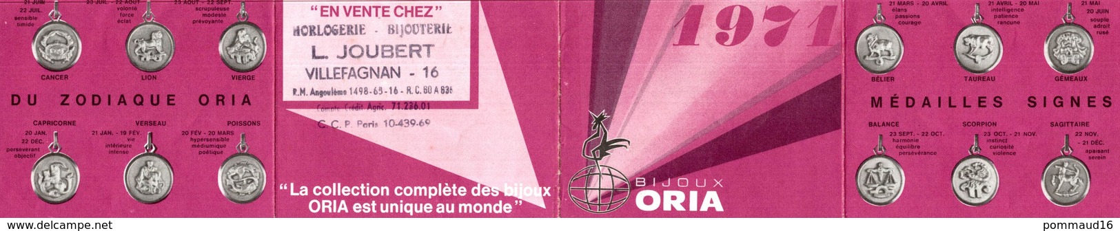 Calendrier 1971 Bijoux ORIA - Tampon  L. Joubert Villefagnan - Petit Format : 1971-80