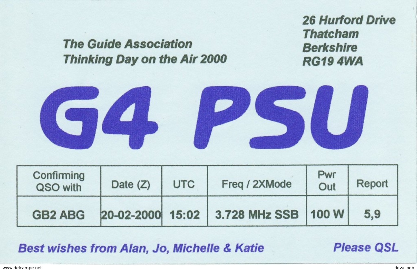 Amateur Radio QSL Card G4PSU The Guide Association Thinking Day On The Air 2000 - Radio Amateur