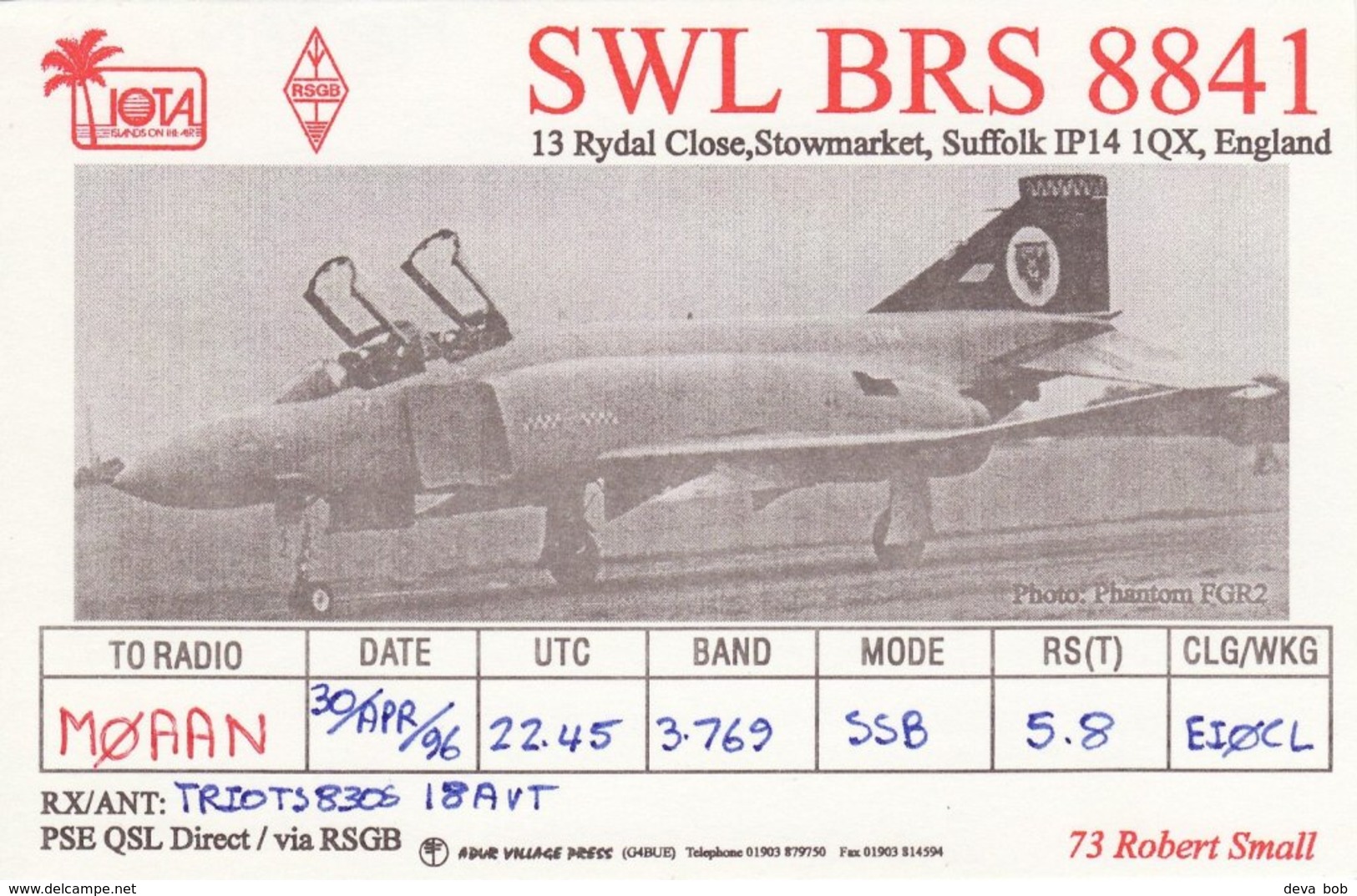 Amateur Radio QSL Card SWL BRS 8841 Stowmarket 1996 Phantom FGR2 Aircraft - Radio Amateur