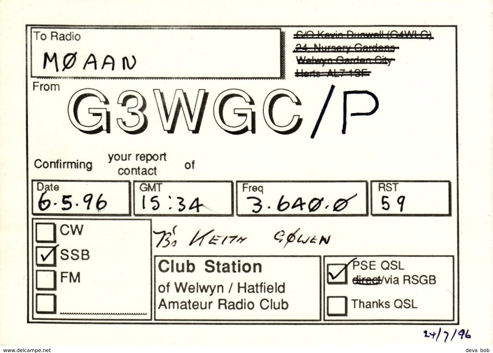 Amateur Radio QSL Card G3WGC 1996 Welwyn Hatfield Club G3WGC/P - Radio Amateur